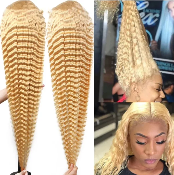 Caractéristique de la perruque sur la photo : Matière: virgin human hair Style: Deep Wave Lace: 13×6 Couleur: 613# Longueur: 36"