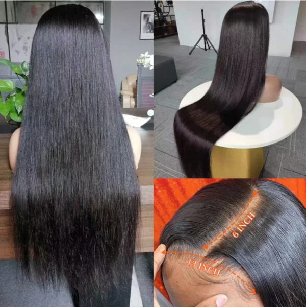 Caractéristique de la perruque sur la photo : Matière: virgin human hair Style: Straight Couleur: 1B Densité: 150% Longueur: 36"