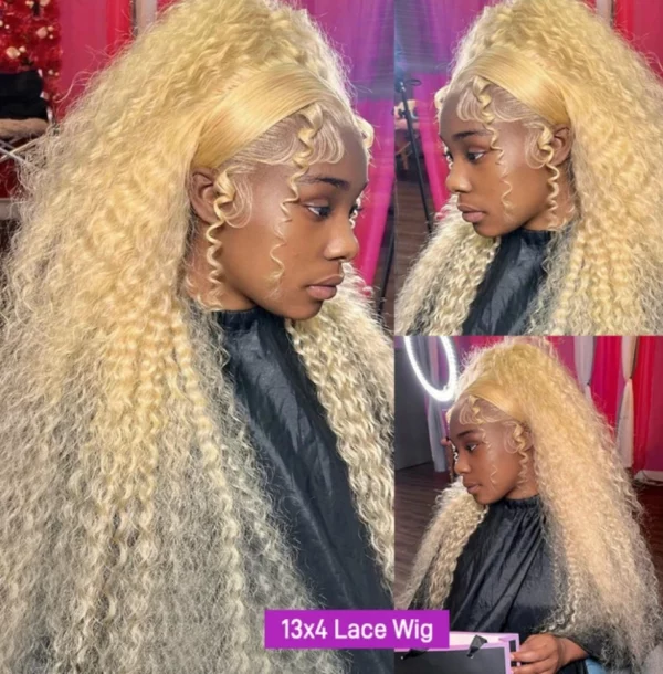 Caractéristique de la perruque sur la photo: Matière: virgin human hair Style: Deep Wave Lace: 13×4 Couleur: 613# Densité: 180% Longueur: 30"