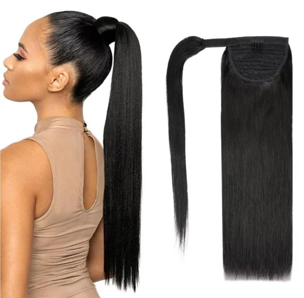 Caractéristique de la ponytail sur la photo: Matière: virgin human hair Style: Straight Longueur: 24” Couleur: 1B