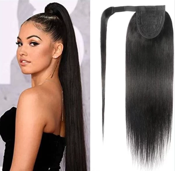 Caractéristique de la ponytail sur la photo: Matière: virgin human hair Style: Straight Longueur: 24” Couleur: 1#