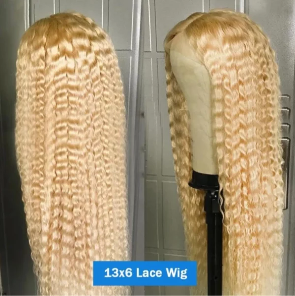 Caractéristique de la perruque sur la photo : Matière: virgin human hair Style: Deep Wave Lace: 13×6 Couleur: 613# Longueur: 36"