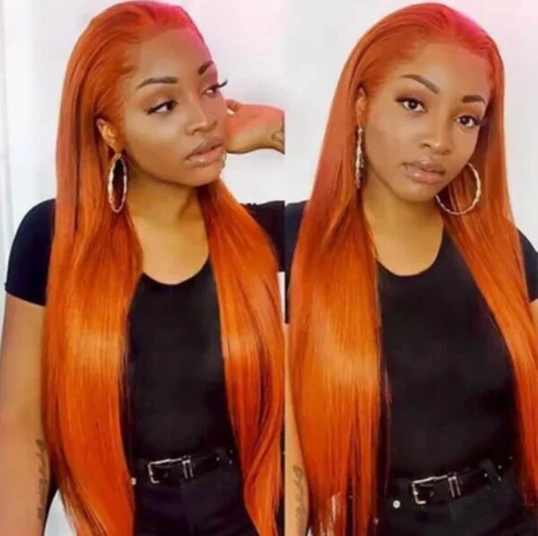 Caractéristique de la perruque sur la photo: Matière: virgin human hair Style: Straight Lace: 360 Longueur: 32" Couleur: orange 350# Densité: 200%