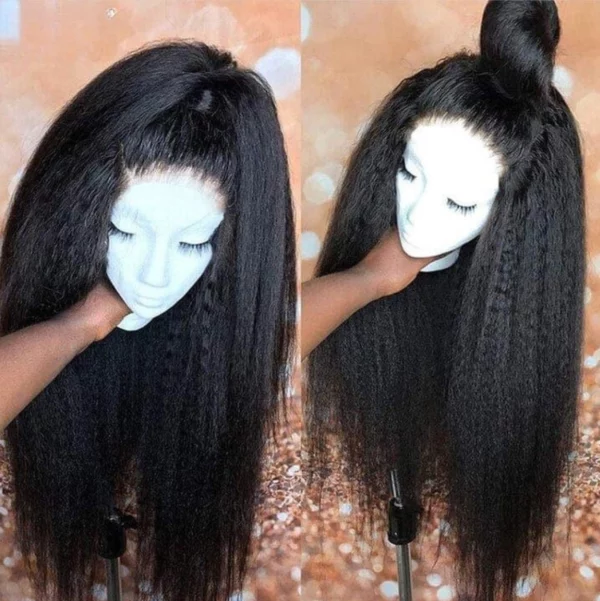 Caractéristique de la perruque sur la photo: Matière: virgin human hair Style: Kinky Straight Lace: 360 Longueur: 32" Couleur: Naturelle – noir Densité: 250%
