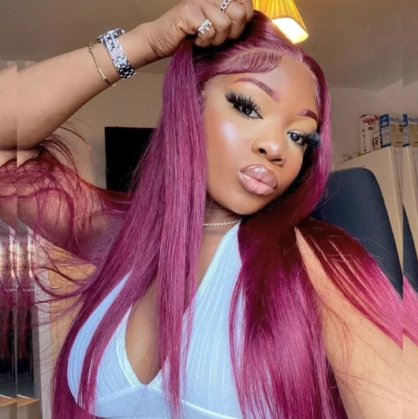 Caractéristique de la perruque sur la photo: Matière: virgin human hair Style: Straight Longueur: 32" Couleur: 99 J Densité: 200% Lace: 13×4