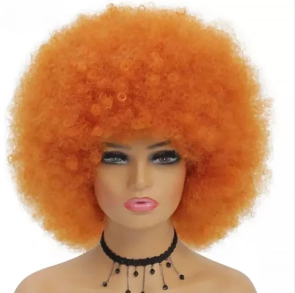 Caractéristique de la perruque sur la photo: Matière: virgin human hair Style: Afro Longueur: 14” Couleur: orange 350# Densité: 200%