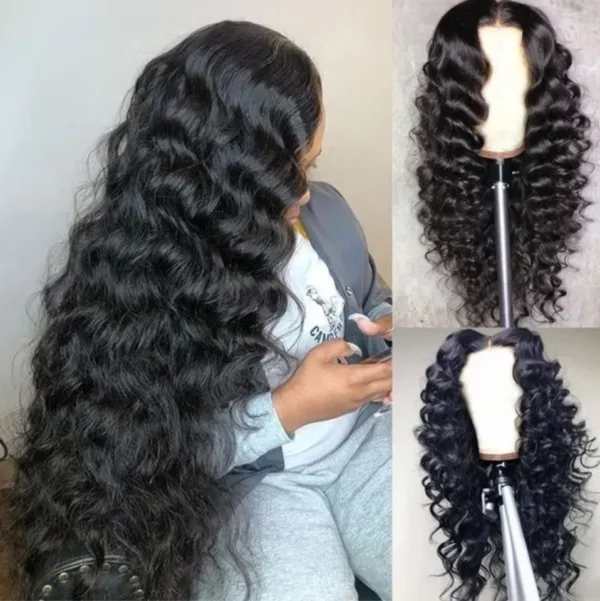 Caractéristique de la perruque sur la photo: Matière: virgin human hair Style: Loose deep Lace: 13×4 Couleur: Naturelle – noir Longueur: 34" Densité: 200%