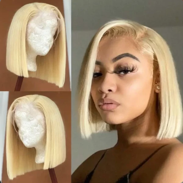 Caractéristique de la perruque sur la photo: Matière: virgin human hair Style: Straight Lace: 13×6 Longueur: 10” Couleur: 613# Densité: 180%