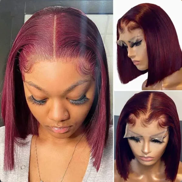 Caractéristique de la perruque sur la photo: Matière: virgin human hair Style: Straight Lace: 13×6 Longueur: 10” Couleur: 99 J Densité: 180%