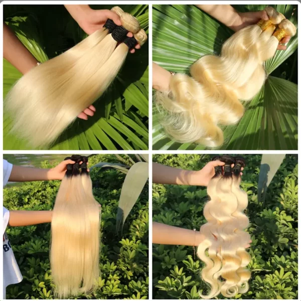 Caractéristique des mèches sur la photo : Matière: virgin human hair Style: Body wave, Straight Longueur: 14”, 20” Couleur: 613#