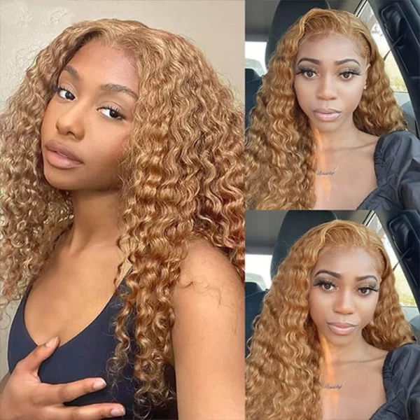 Caractéristique de la perruque sur la photo: Matière: virgin human hair Style: Deep Wave Lace: 13×4 Longueur: 28” Couleur: 27# Densité: 200%
