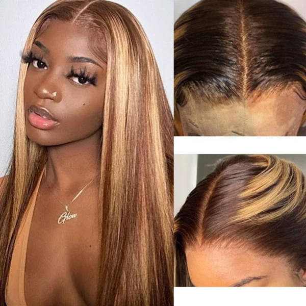 Caractéristique de la perruque sur la photo: Matière: virgin human hair Style: Straight Longueur: 32" Couleur: 4# mix 27# Densité: 200% Lace: 13×4