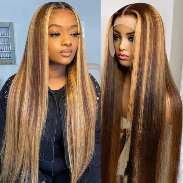 Caractéristique de la perruque sur la photo: Matière: virgin human hair Style: Straight Longueur: 32" Couleur: 4# mix 27# Densité: 200% Lace: 13×4