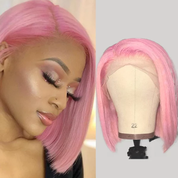Caractéristique de la perruque sur la photo: Matière: virgin human hair Style: Straight Longueur: 10” Couleur: pink Lace: 13×4 Densité: 200%