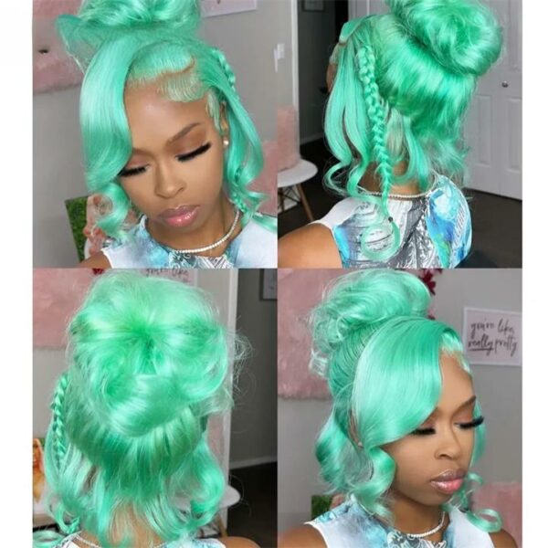 Caractéristique de la perruque sur la photo: Matière: virgin human hair Style: Body wave Longueur: 30” Couleur: Vert clair Lace: 13×4 Densité: 250%